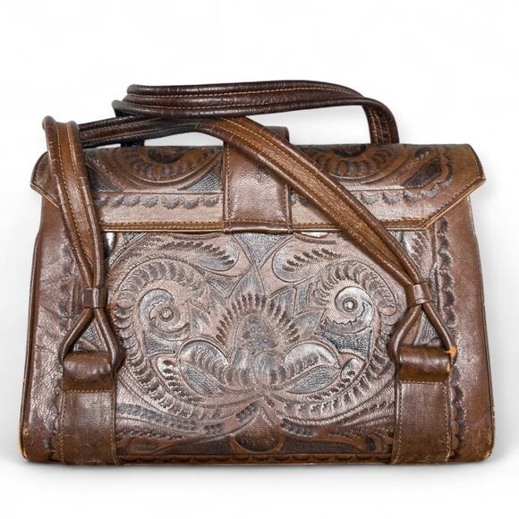 Vintage Tooled Leather Satchel Purse Flores‎ Bags Brown Boho Western Mexico - Picture 5 of 13